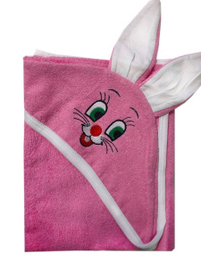 Махровое полотенце детское "Уголок" 95*95 с ушками (Зайка, розовый)