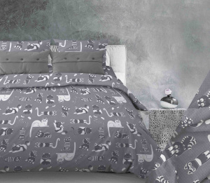 Комплект постельного белья 1,5-спальный, бязь "Комфорт" (Кошкин дом, тёмно-серый)