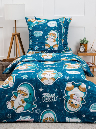 Простыня на резинке 090*190 см, бязь "Комфорт", детская расцветка (Кот Акула)