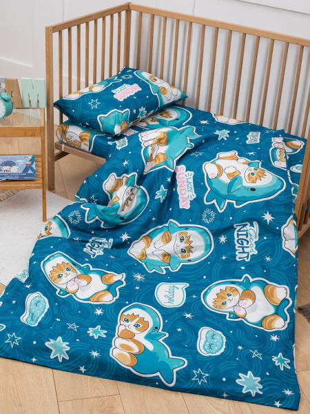 Комплект постельного белья в детскую кроватку, бязь "Комфорт", детская расцветка (Кот Акула)