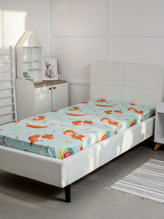 Простыня на резинке 080*160 см, перкаль, детская расцветка (Лисята)