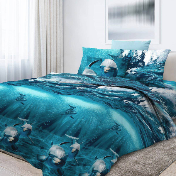 Наволочка 50*70 см, бязь ГОСТ, на клапане (Дельфин 3 D)