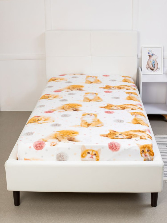 Простыня на резинке 080*160 см, перкаль, детская расцветка (Рыжие котята)