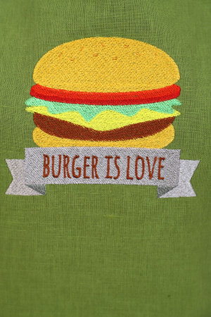 Фартук кухонный с вышивкой, лен (Бургер, зеленый)