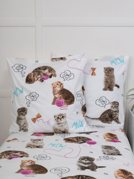 Простыня на резинке 080*160 см, перкаль, детская расцветка (Пушистики)