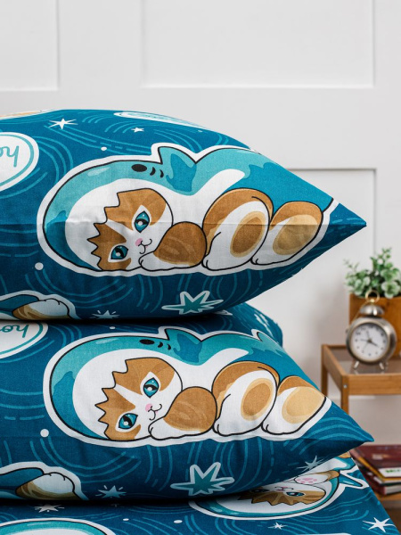 Наволочка 50*70 см, бязь "Комфорт", на пуговицах, детская расцветка (Кот Акула)