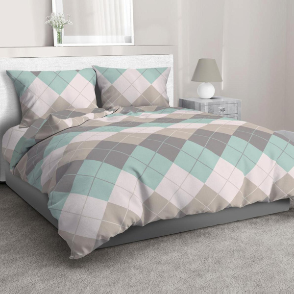 Простыня Евро, перкаль (Клетка Паддингтон, мятная)