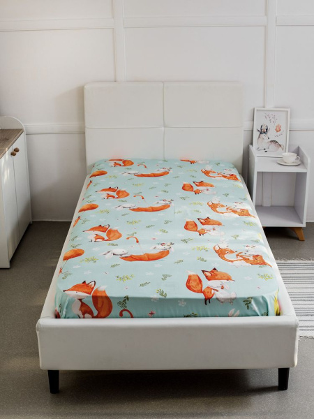 Простыня на резинке 080*160 см, перкаль, детская расцветка (Лисята)
