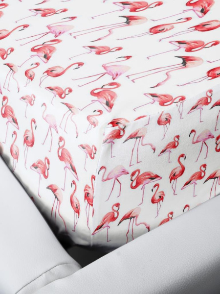 Простыня на резинке 080*160 см, перкаль, детская расцветка (Фламинго)