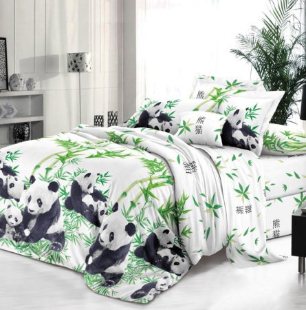 Комплект постельного белья Семейный, на молнии, поплин (Панды)